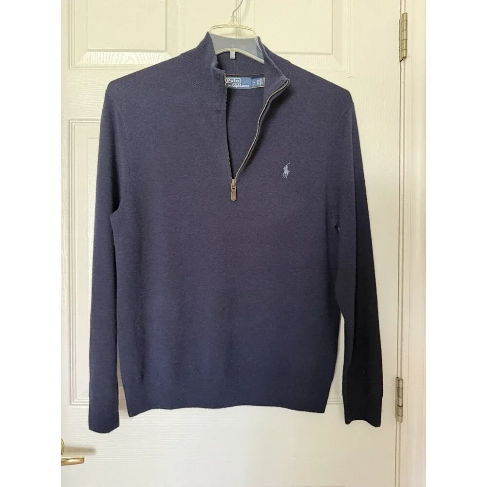 Polo Ralph Lauren Men’s M 100% Wool Quarter Zip Pullover Navy Warm Work Layer